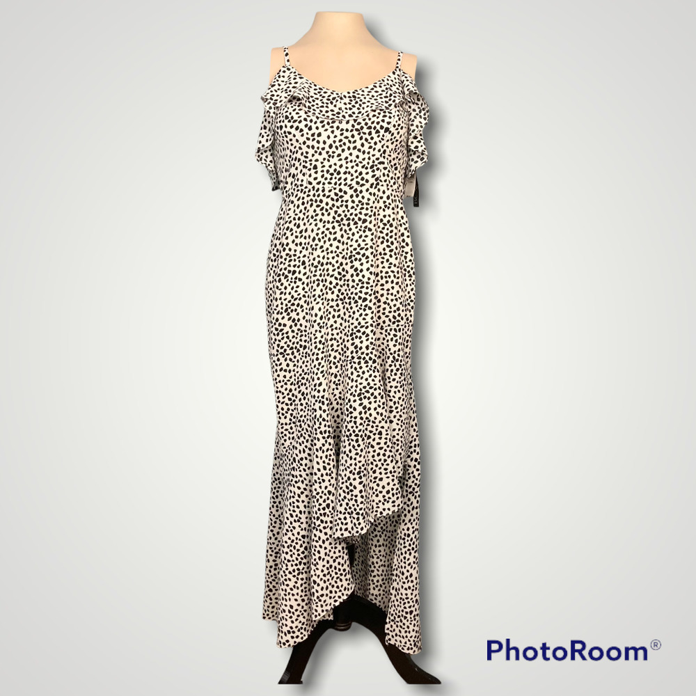 Bcx Ruffle Maxi Dress White Black Dots Off Shoulder Asymmetrical Juniors Size XS - Picture 2 of 12